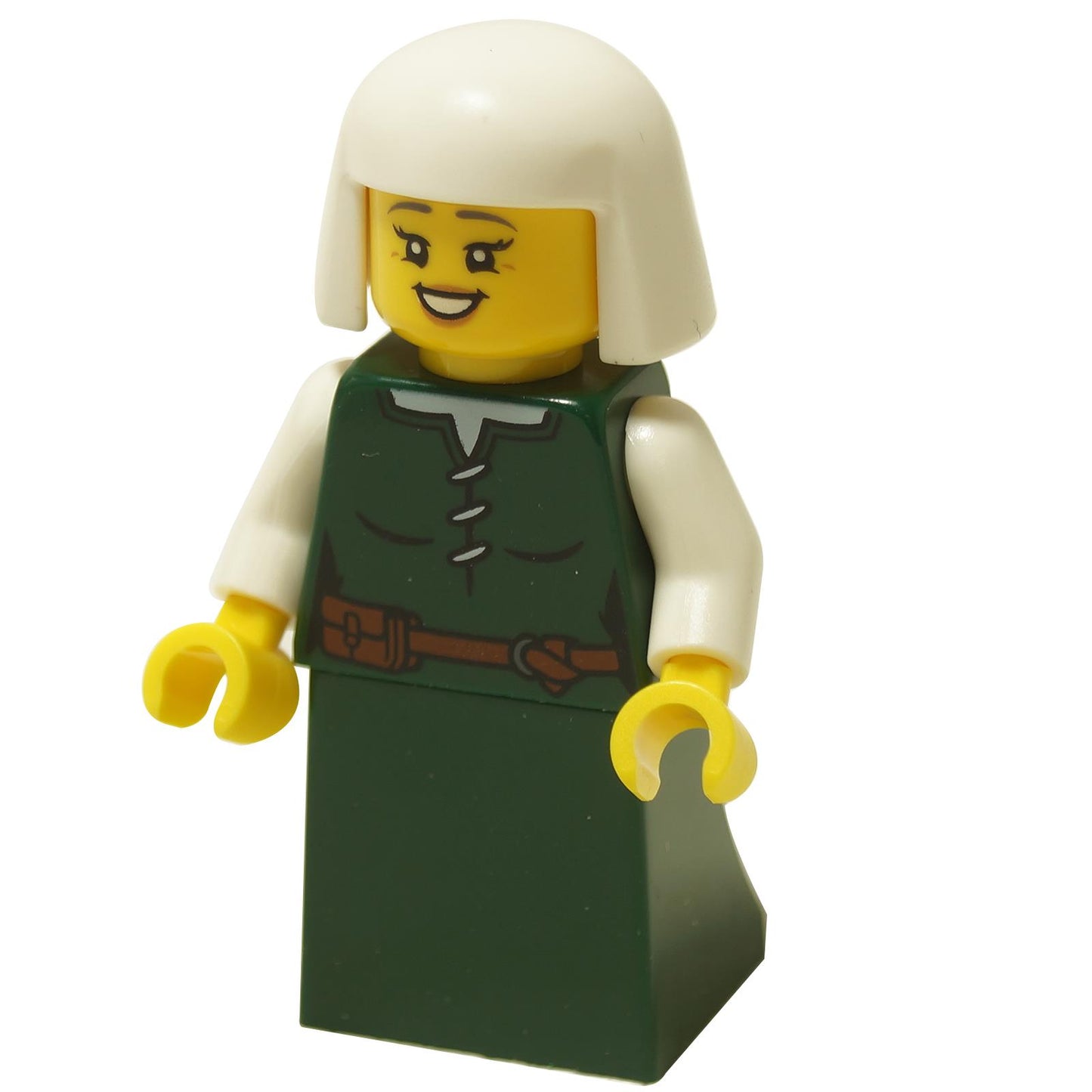 Female peasant minifigure with dark green dress, white headdress and smiling expression

