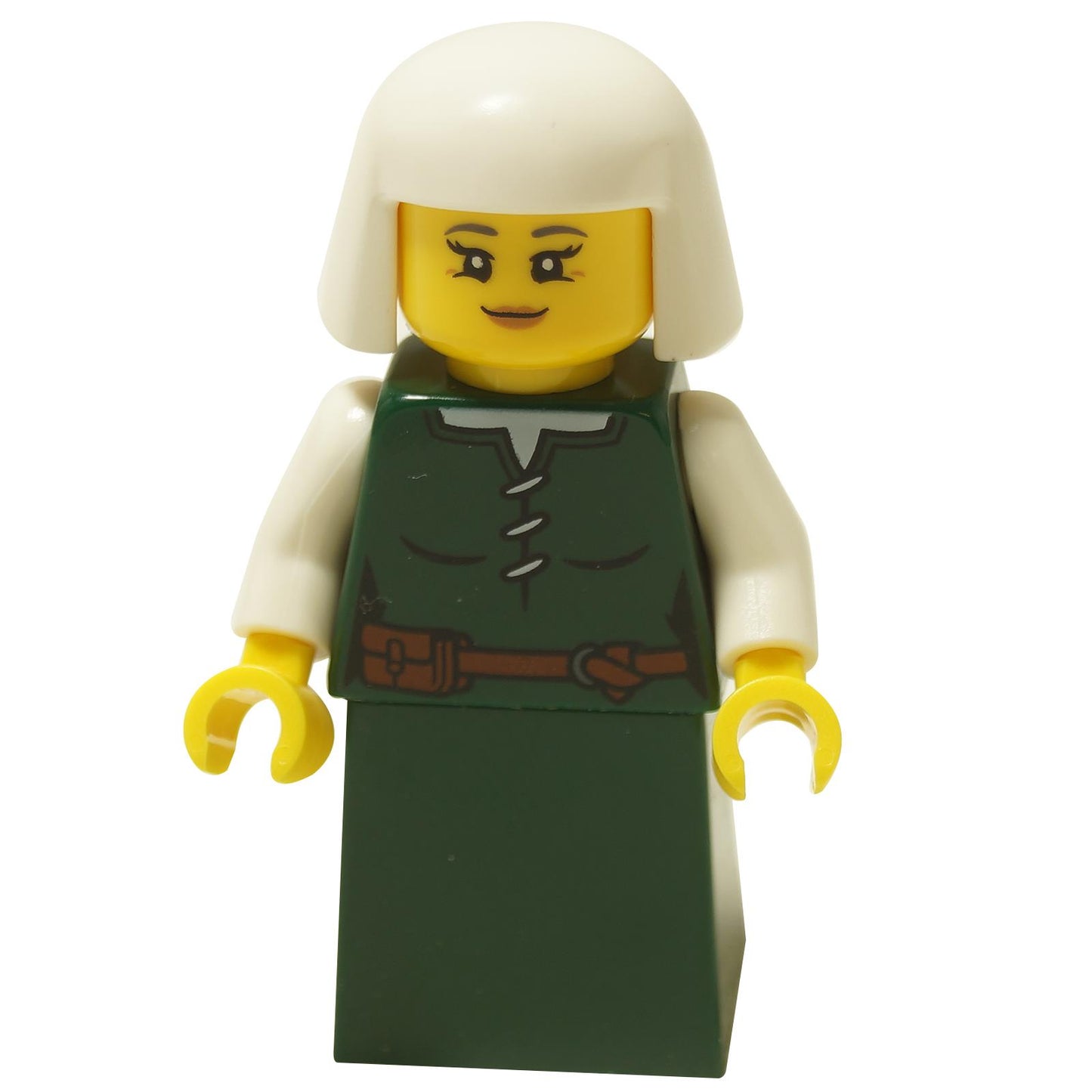 Female peasant minifigure with dark green dress, white headdress and gentle smile
