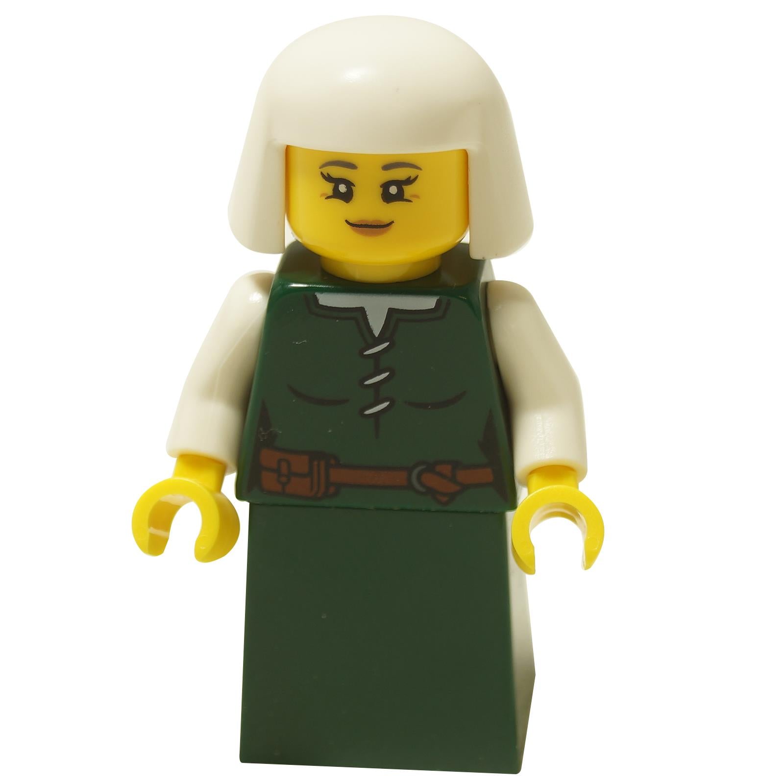 Female peasant minifigure with dark green dress, white headdress and gentle smile
