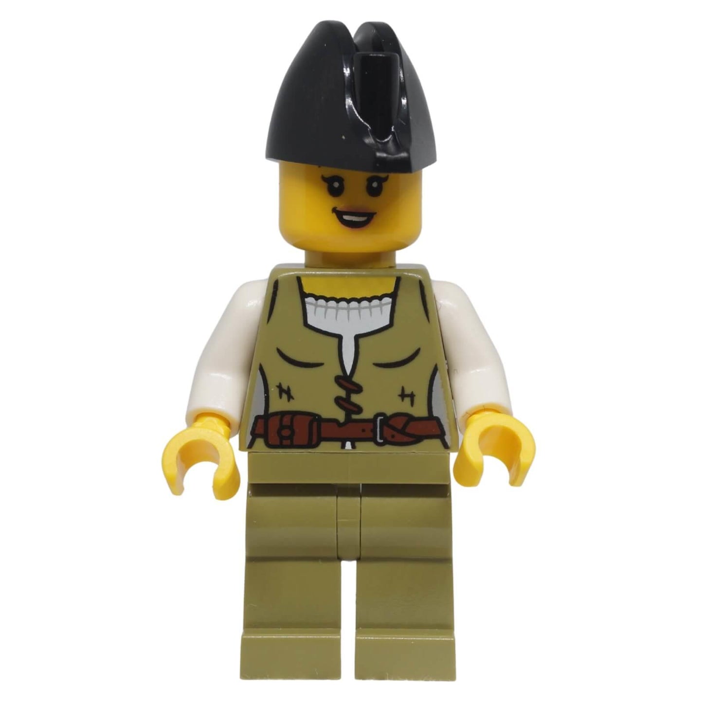 Front view of LEGO® female pirate minifigure bdp258 with olive green vest, matching legs and black bicorne hat