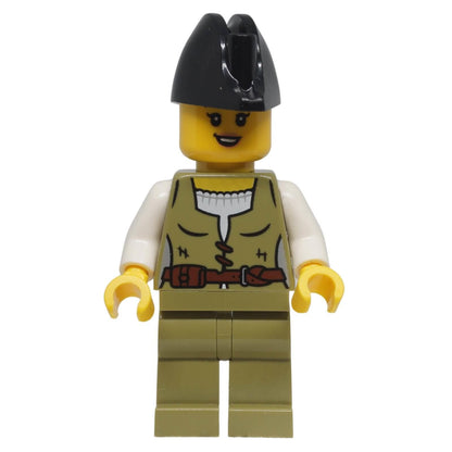 Front view of LEGO® female pirate minifigure bdp258 with olive green vest, matching legs and black bicorne hat