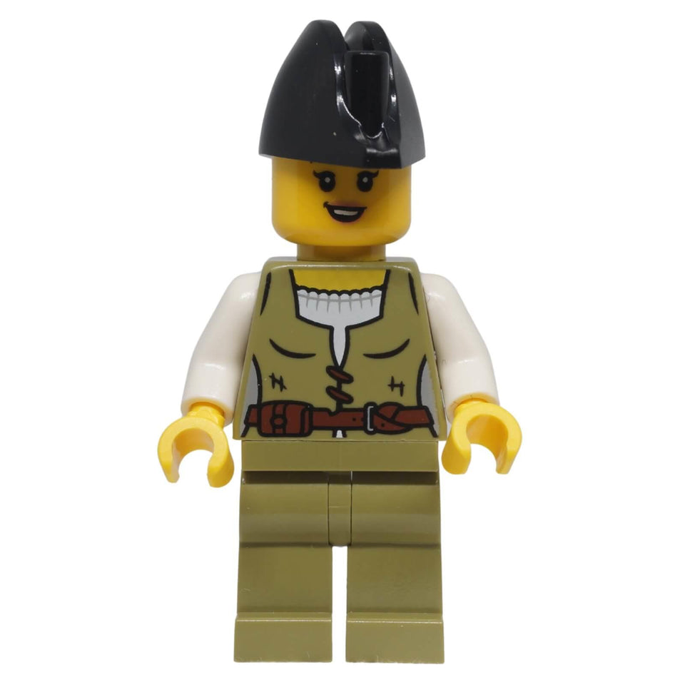 Front view of LEGO® female pirate minifigure bdp258 with olive green vest, matching legs and black bicorne hat