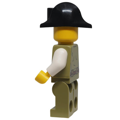 Left-side view of LEGO® female pirate minifigure bdp258 with white arm, olive green clothing and black bicorne