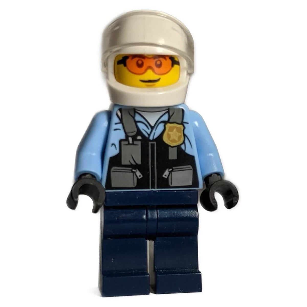 Female Motorcyclist Police minifigure cty1557 with white helmet and badge.
