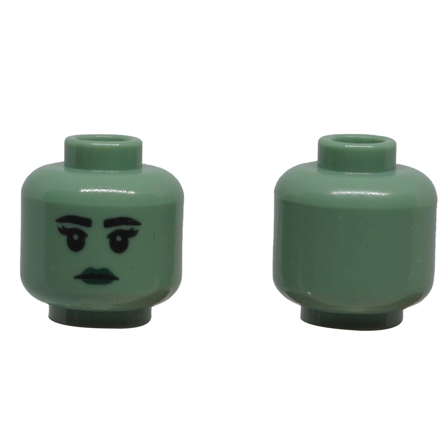 LEGO female sand green minifigure head 3626pb4011 with black eyebrows, eyelashes and dark green lips