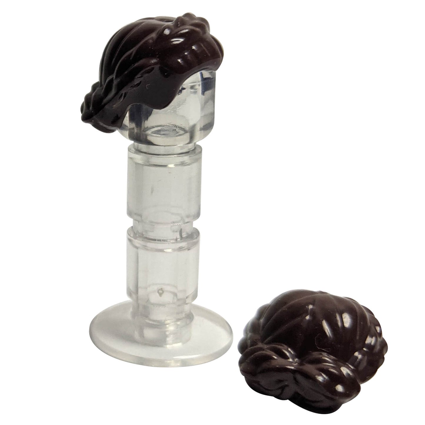 Dark brown female minifigure hair piece with short braided style, molded head accessory for character customization
