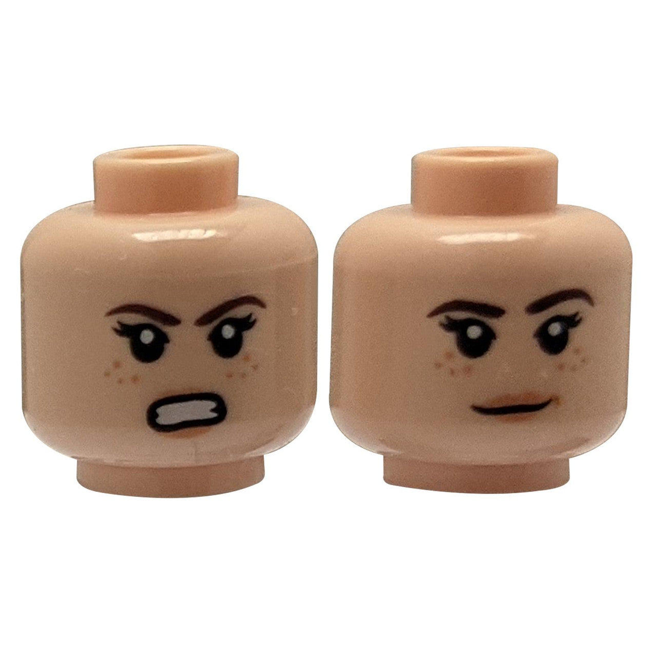 Dual-sided LEGO head 3626pb1795 with angry and smiling female faces.
