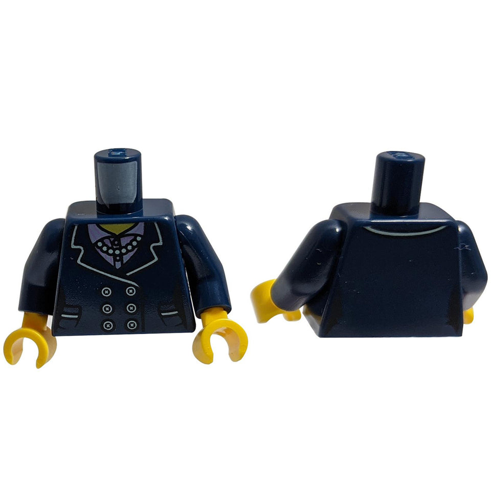 LEGO® minifigure torso with female suit jacket print, buttons, pockets, lavender striped shirt, pearl necklace pattern, and back seam detail