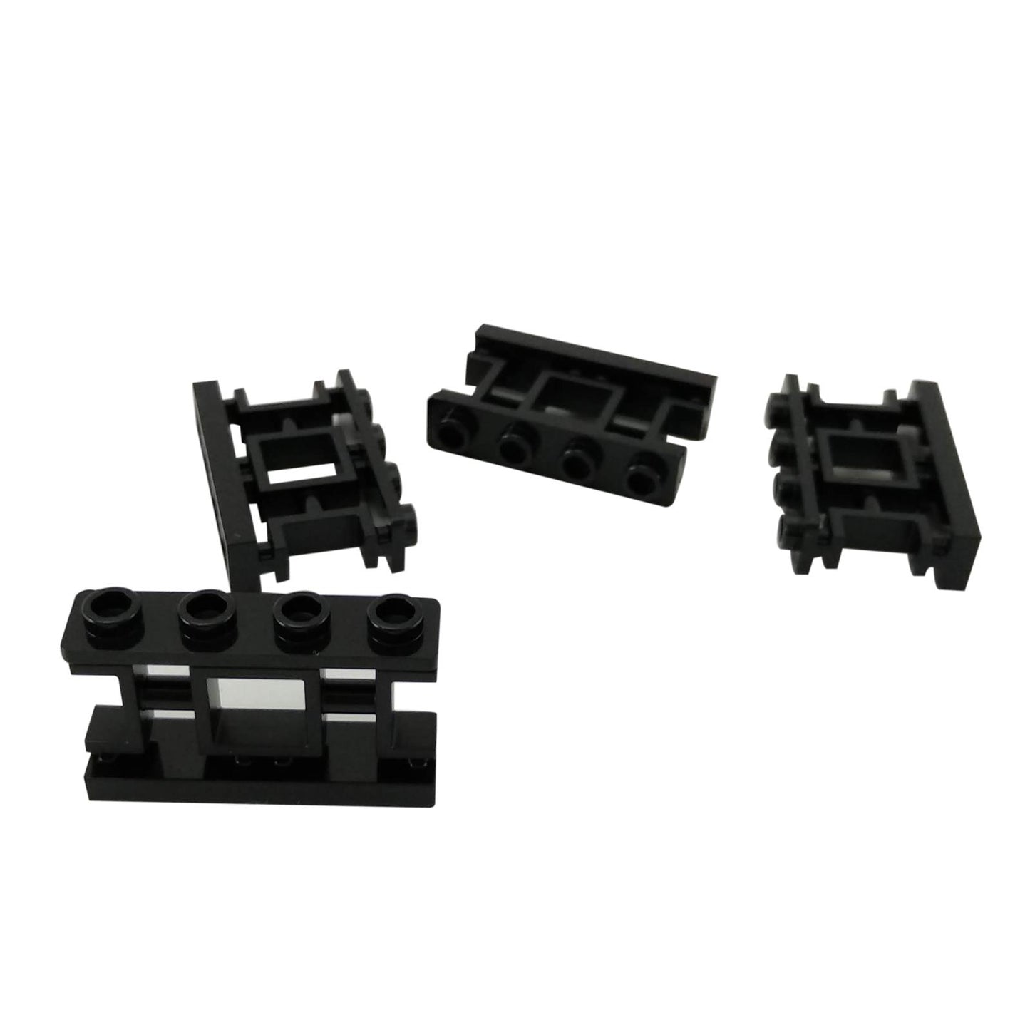 Black LEGO Fence 1 x 4 x 2 Ornamental Asian Lattice with 4 studs part 32932 shown from multiple angles