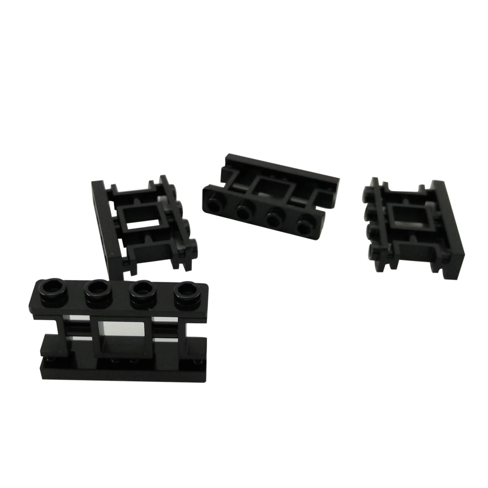 Black LEGO Fence 1 x 4 x 2 Ornamental Asian Lattice with 4 studs part 32932 shown from multiple angles