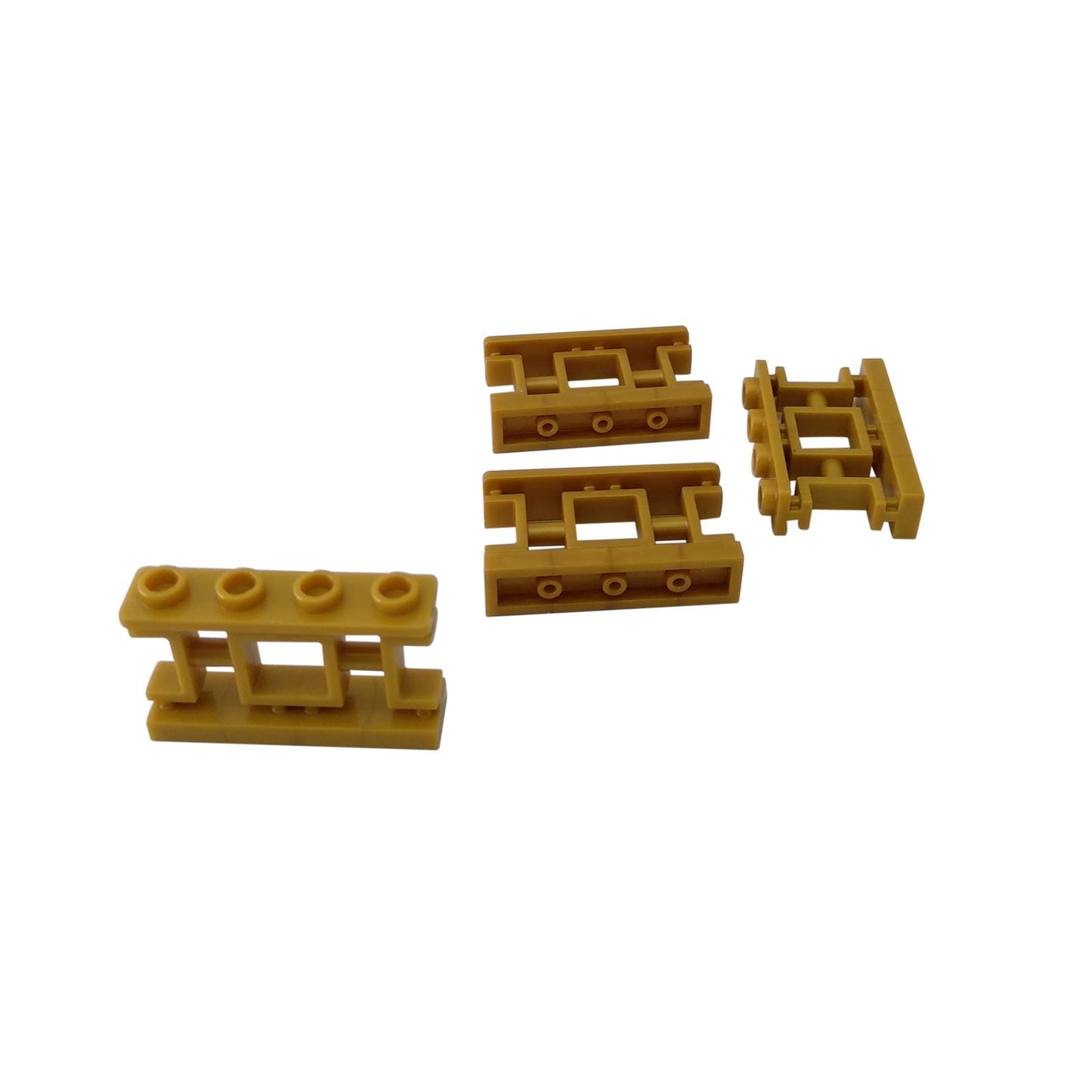 Pearl Gold LEGO Fence 1 x 4 x 2 Ornamental Asian Lattice with 4 studs part 32932 shown from multiple angles