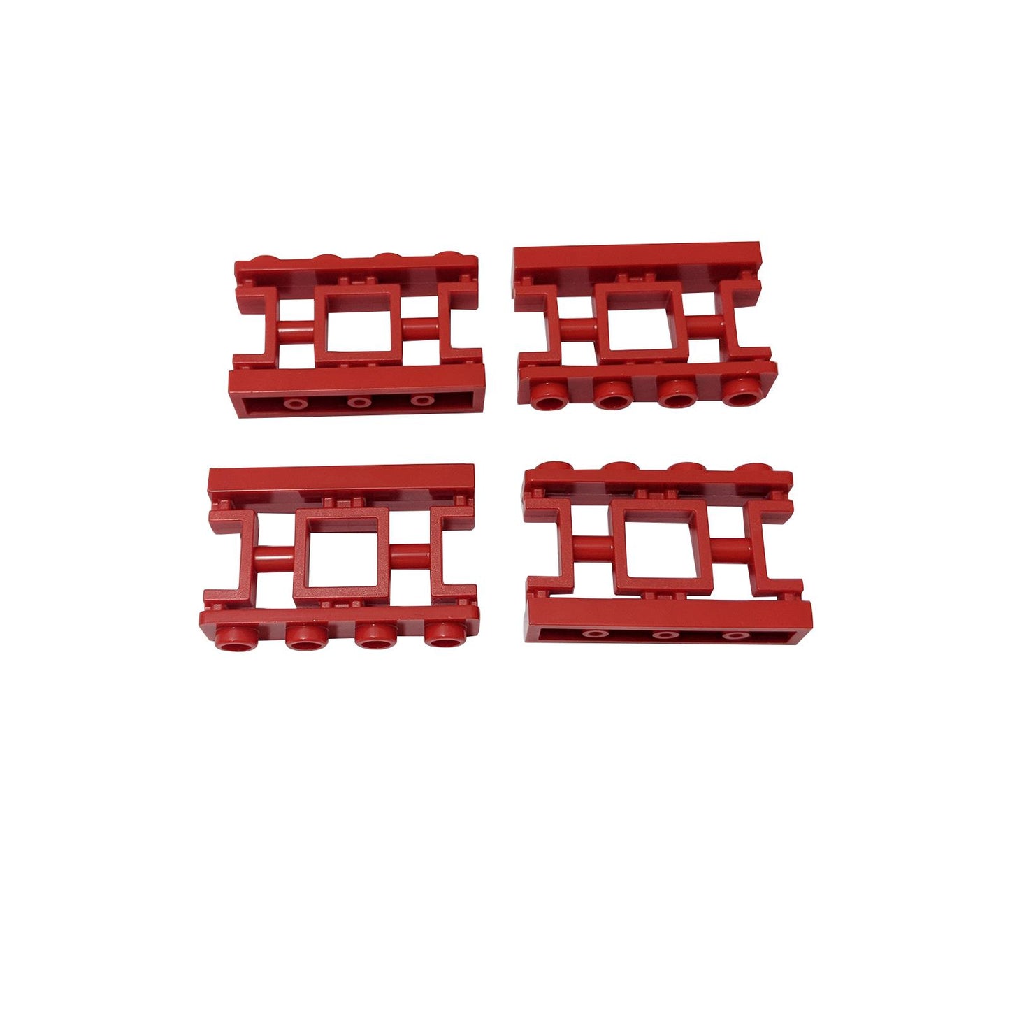 Red LEGO Fence 1 x 4 x 2 Ornamental Asian Lattice with 4 studs part 32932 shown from multiple angles