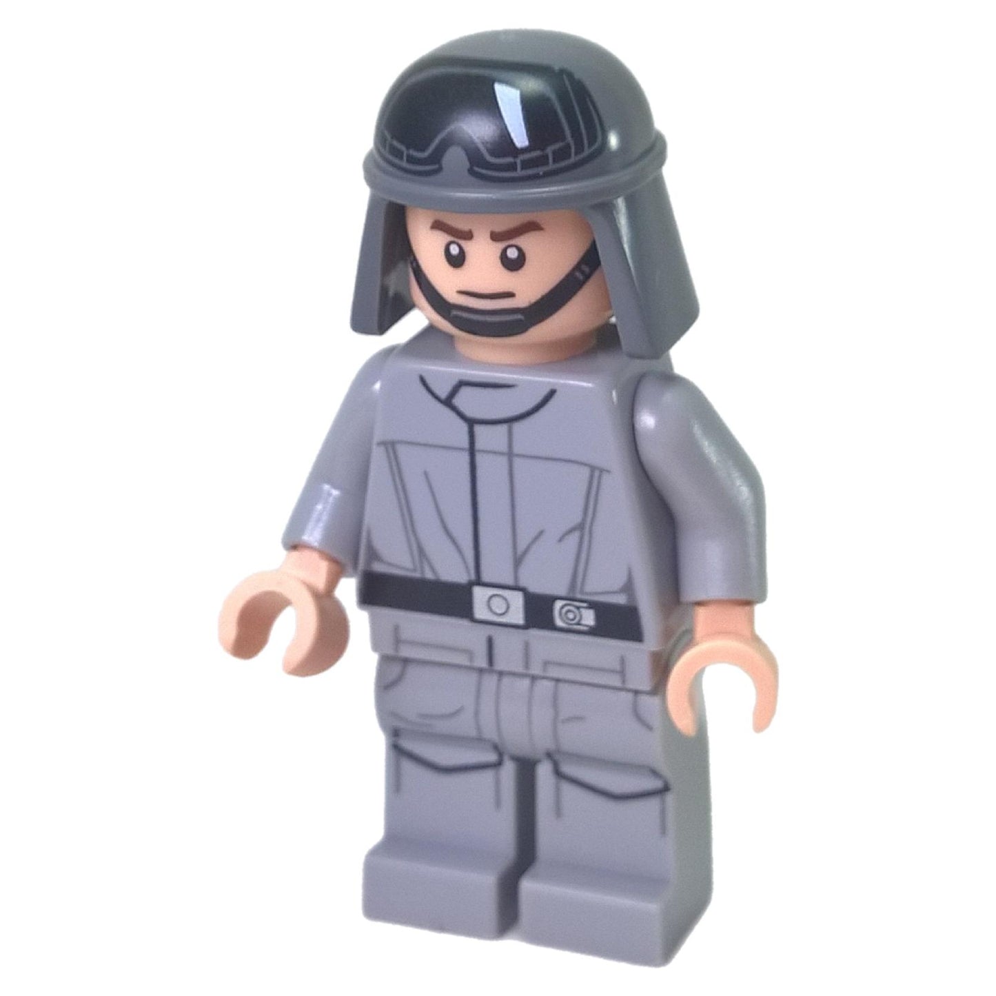 Front view of LEGO Star Wars AT-ST Driver minifigure (sw0797) in light grey uniform and dark grey helmet.