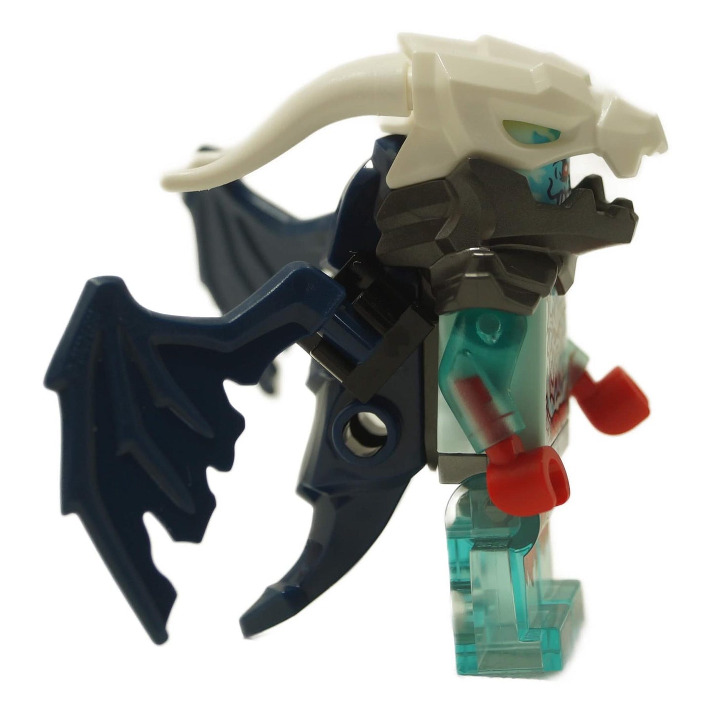 Spectral Tyr minifigure with translucent body, skull helmet, wing element, and detailed ghostly armor print, side profile view.