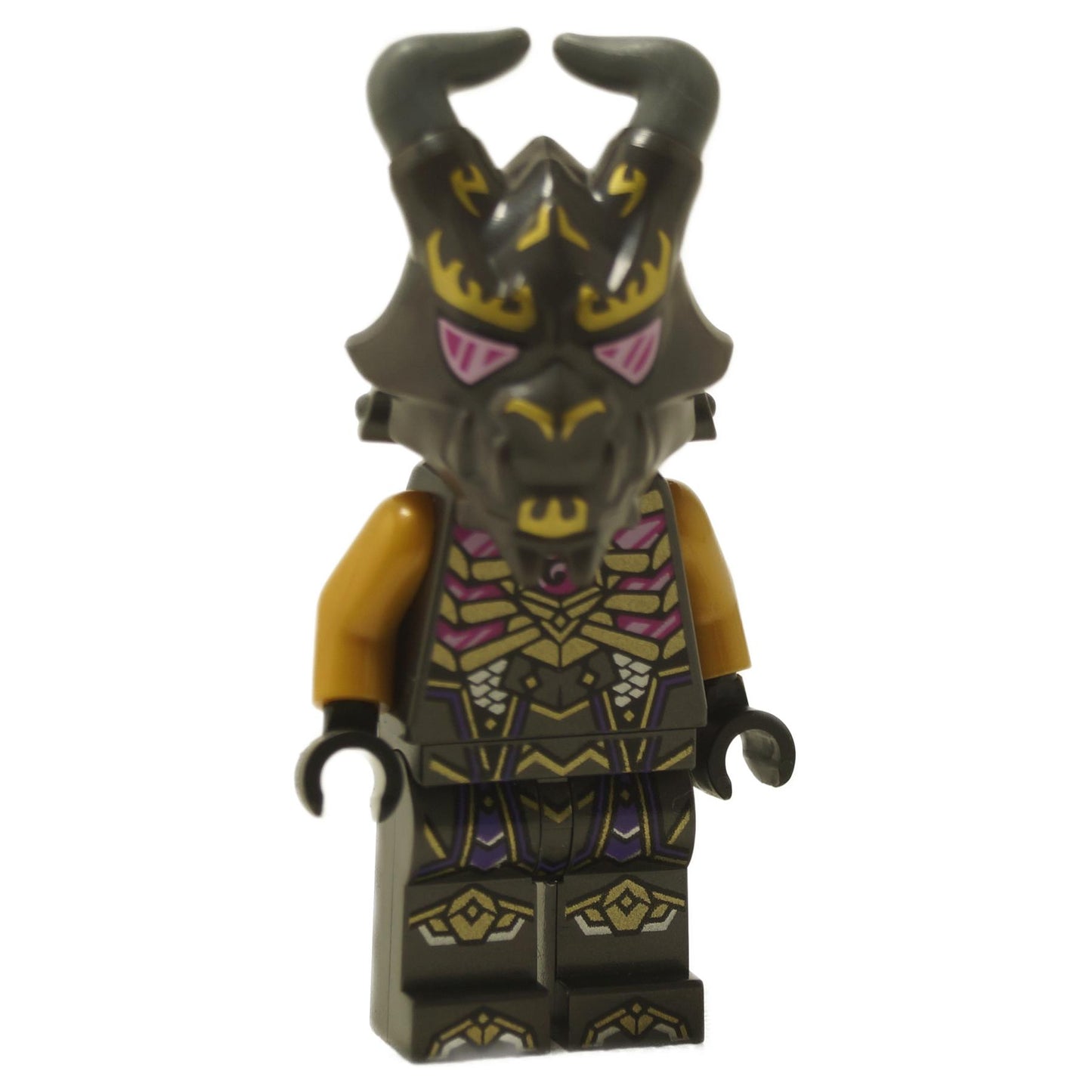 LEGO® Minifigure Crystal King / Overlord (njo0787) con elmo corazzato, dettagli in oro e viola sull'armatura e braccia marrone scuro da NINJAGO®.