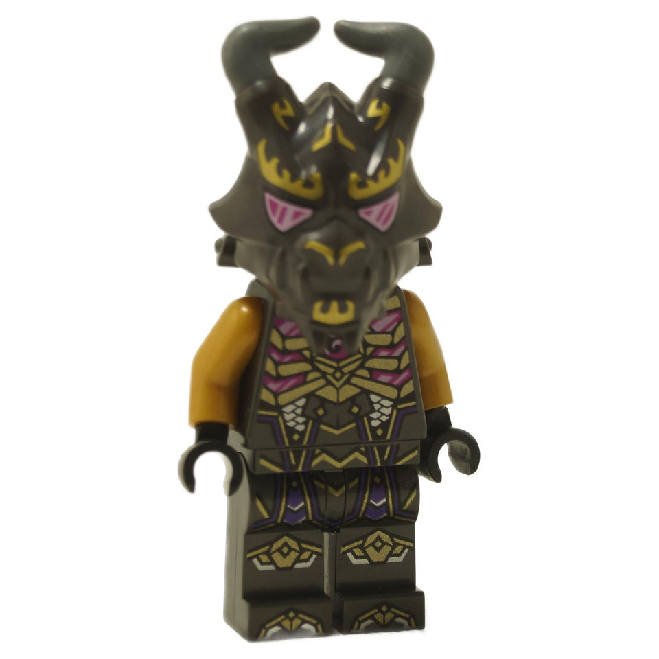 LEGO® Crystal King / Overlord minifigure (njo0787) with horned helmet, gold and purple armor detailing, and dark brown arms from NINJAGO®.