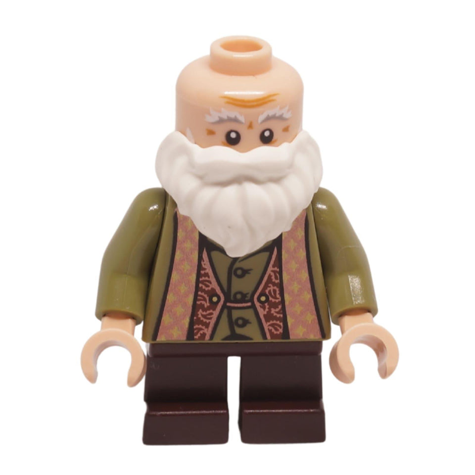 Minifigura del Profesor Filius Flitwick vista frontal con barba blanca, chaqueta verde oliva y piernas cortas marrón oscuro
