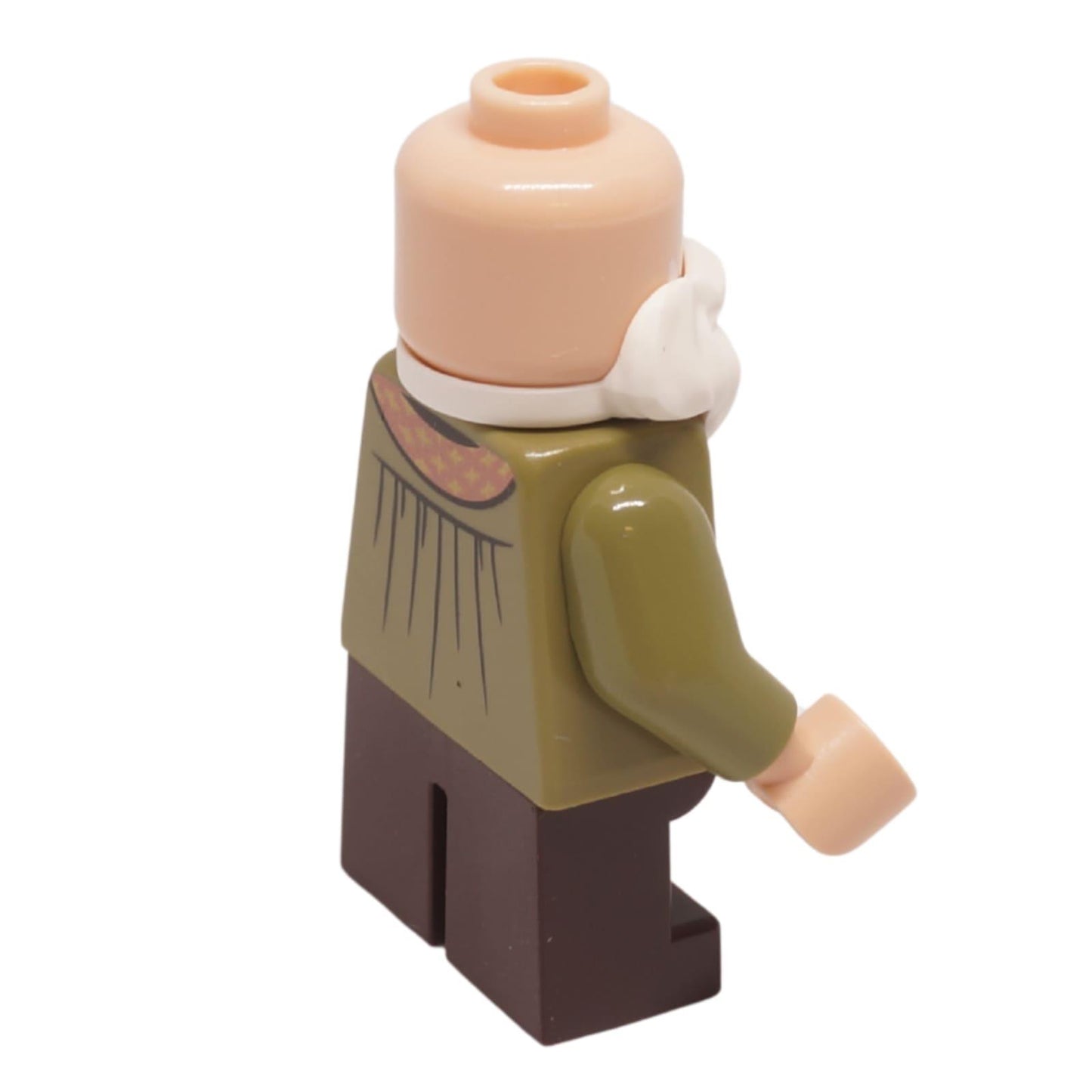 Minifigura del Profesor Filius Flitwick vista trasera mostrando torso verde oliva y piernas cortas
