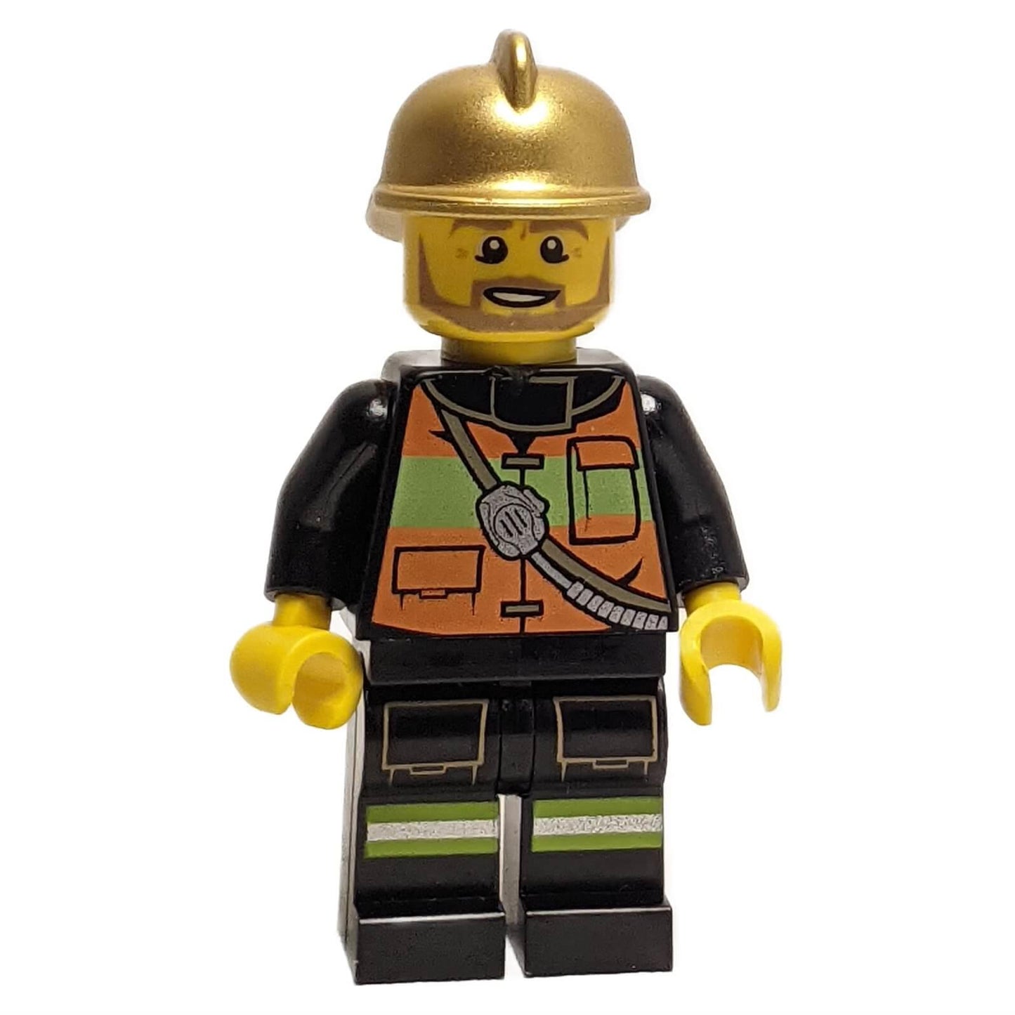 LEGO minifigure representing a Fire Chief with a gold fire helmet, black and orange reflective stripes on the uniform, and equipped with a shoulder strap.
