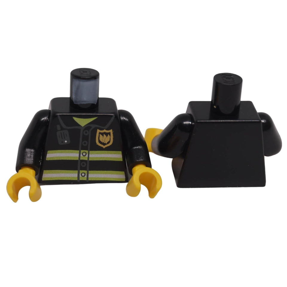 LEGO® firefighter torso 973pb0300c01 shown front and back with gold badge, radio print, reflective stripes, black arms and yellow hands