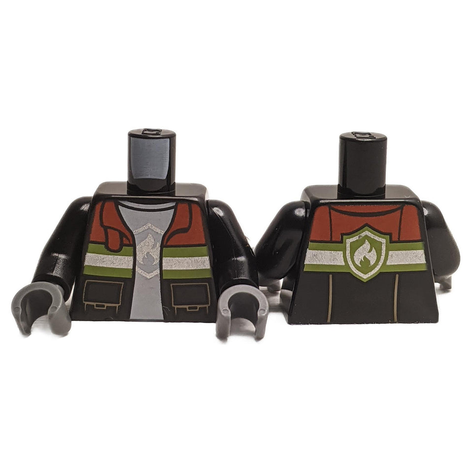 LEGO® firefighter torso with fire jacket design, featuring reflective stripes and utility detail for fire brigade minifigures