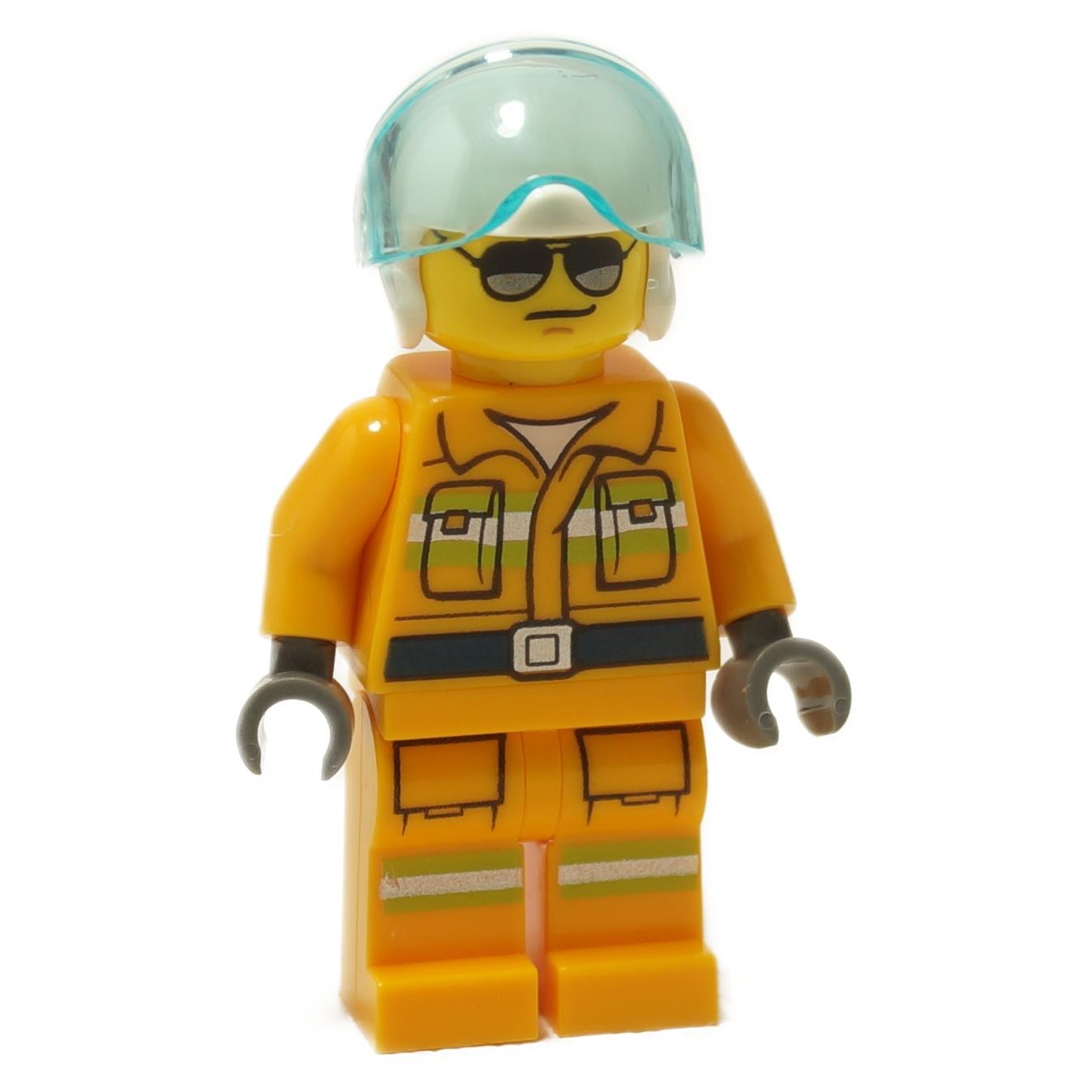 Firefighter minifigure in bright light orange suit with reflective stripes, white helmet and black sunglasses, front view
