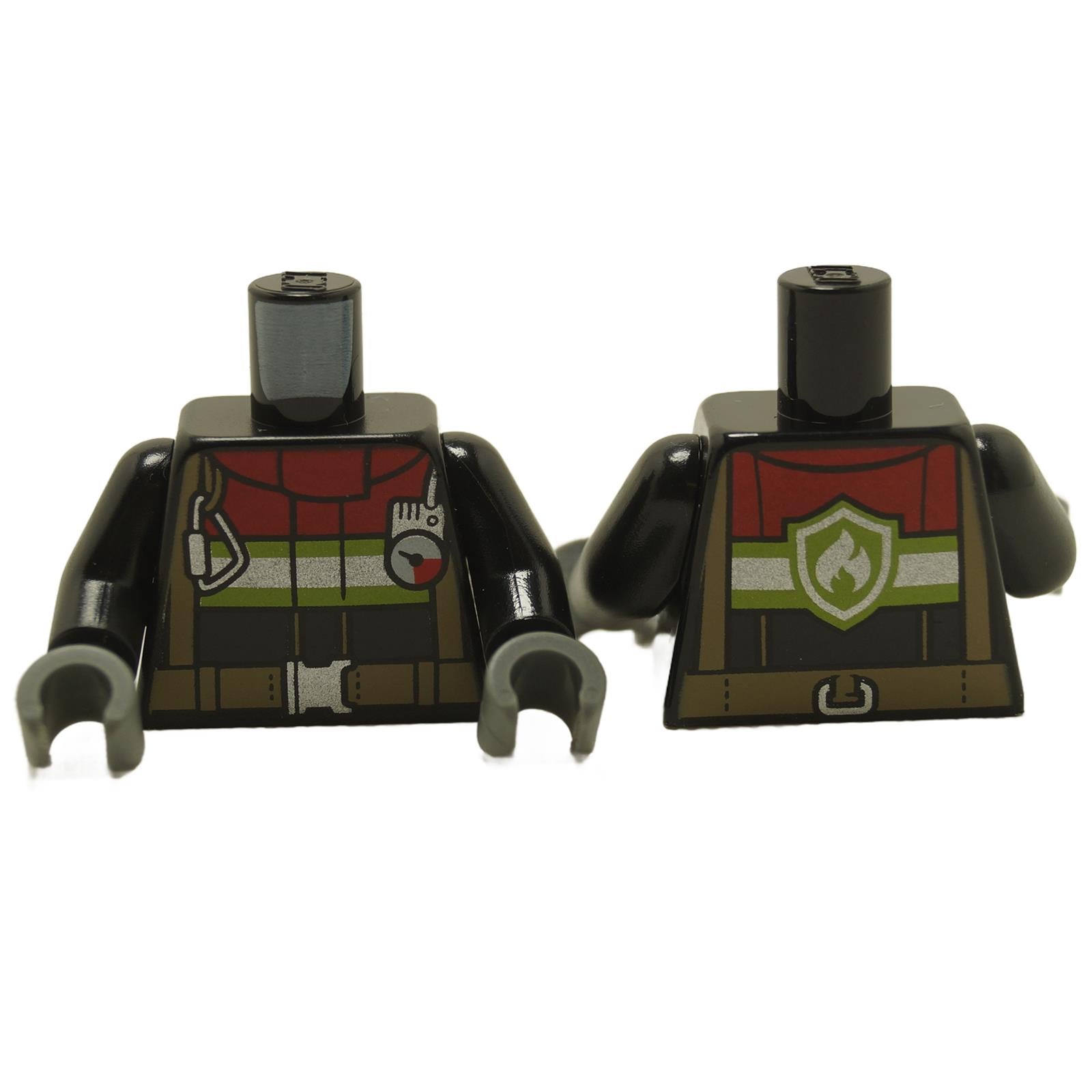 Two LEGO minifigure torsos with fire fighter gear, one featuring a red collar, against a white background.
