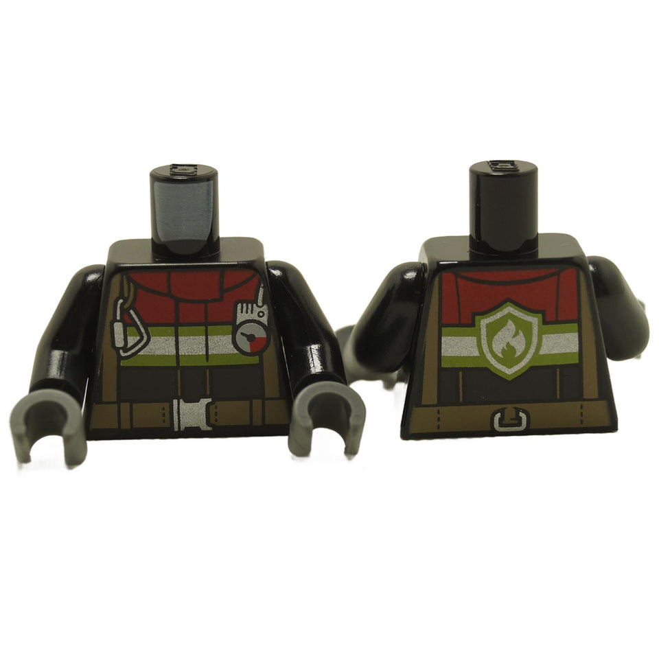 Two LEGO minifigure torsos with fire fighter gear, one featuring a red collar, against a white background.