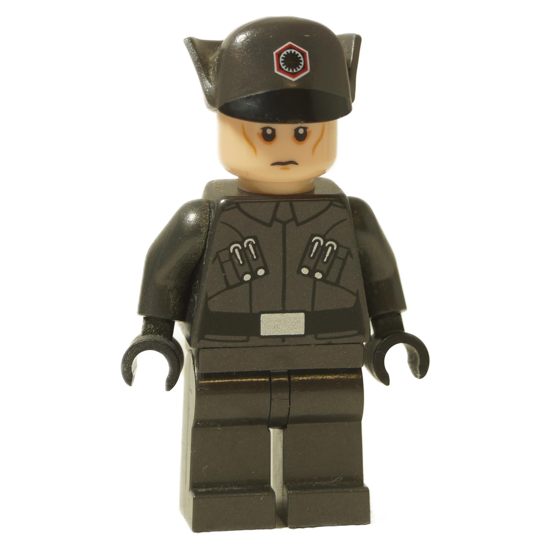  Minifigura de oficial de la Primera Orden de LEGO Star Wars mostrada de frente. La figura lleva un uniforme gris oscuro y una gorra de oficial de la Primera Orden con insignia.
