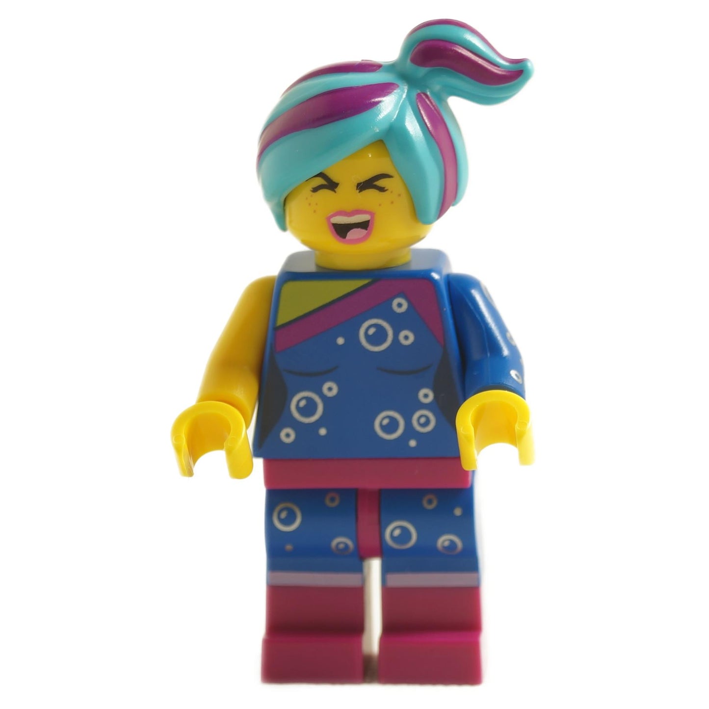 LEGO minifigure of Flashback Lucy with a blue top, bubble details, pink and teal hair in a high ponytail.