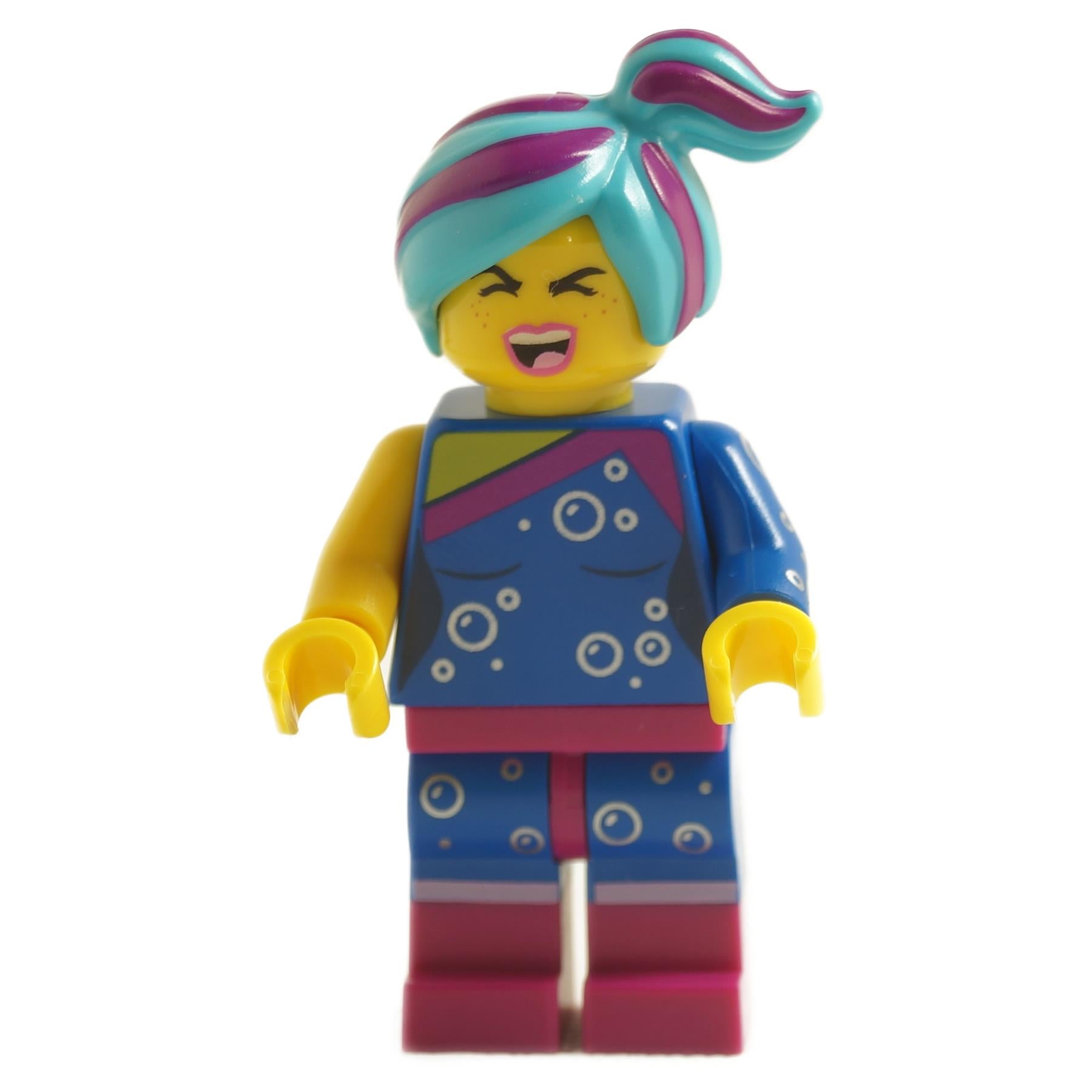 LEGO minifigure of Flashback Lucy with a blue top, bubble details, pink and teal hair in a high ponytail.