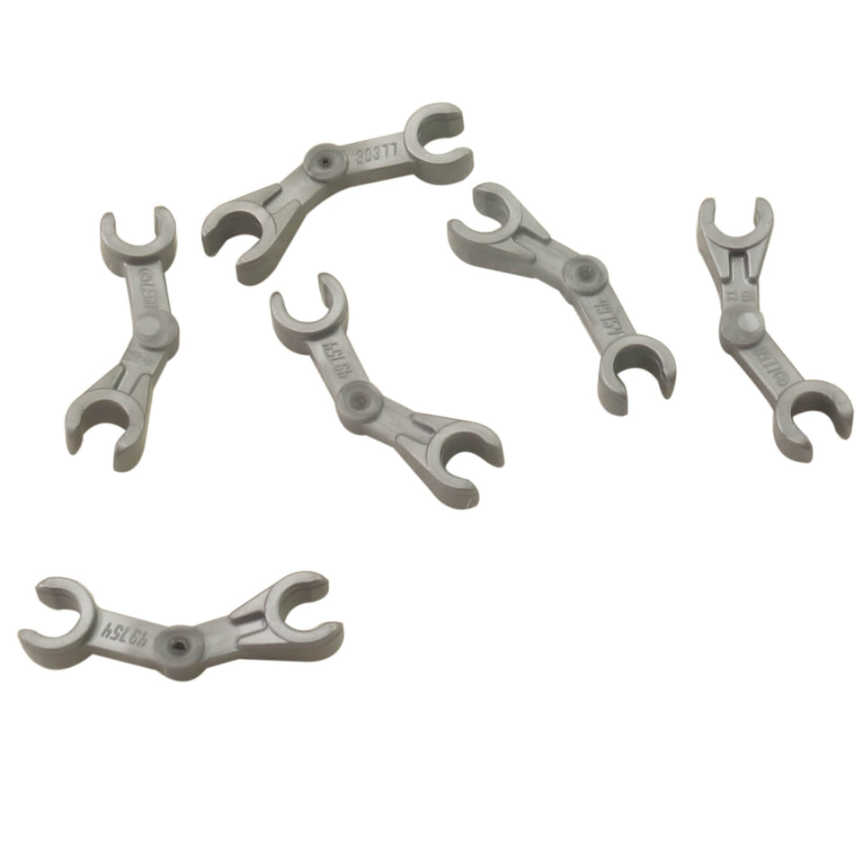 Flat silver battle droid mechanical arm part 30377, curved robotic arm piece used for droid minifigure builds
