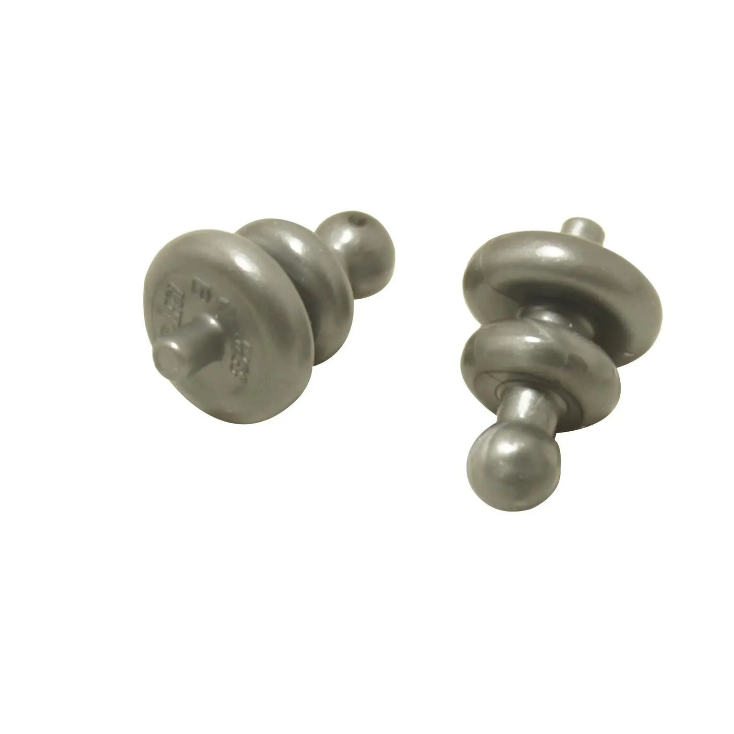 Flat silver minifigure antenna accessory with two diffusers and a small pin connection for attaching to builds or gear
