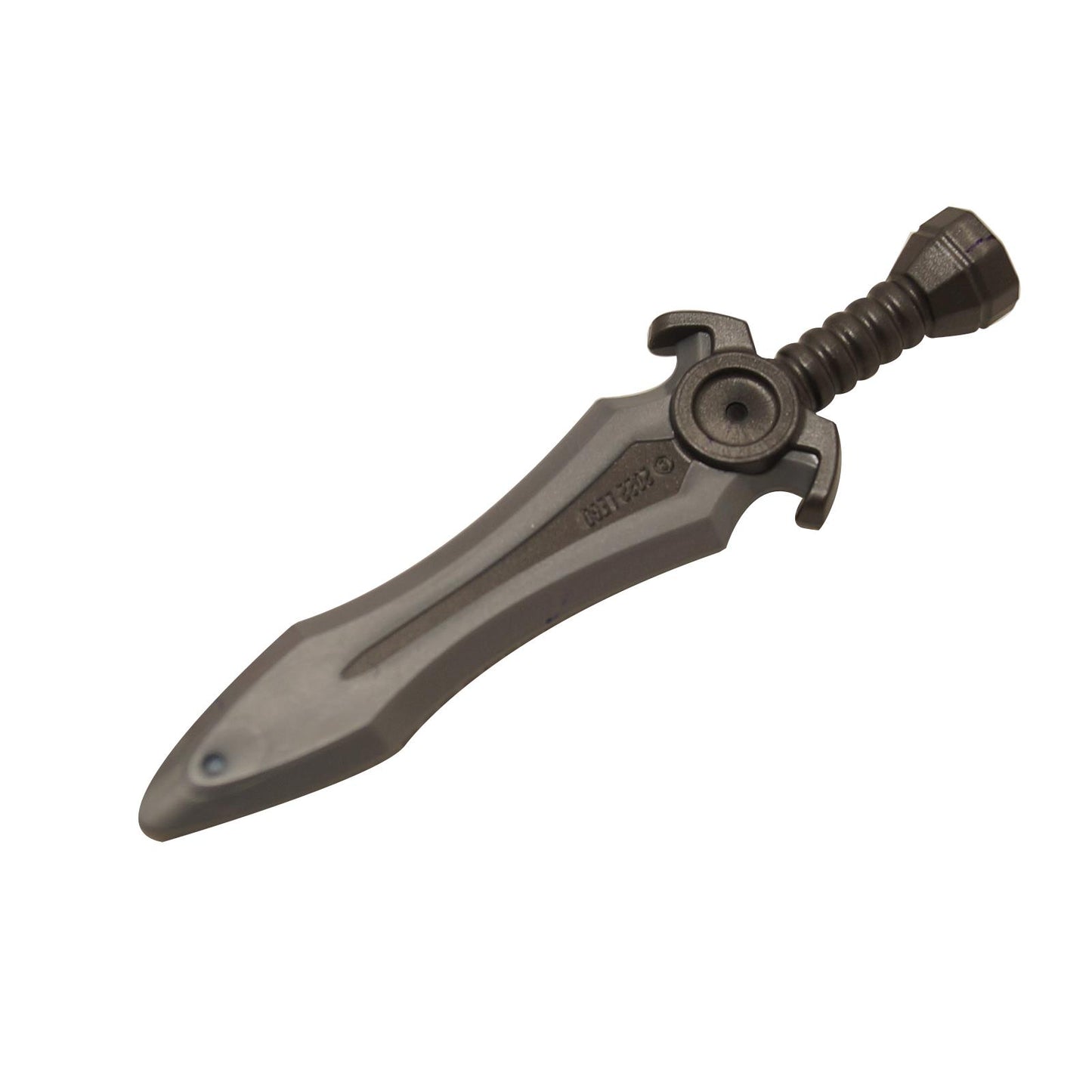 LEGO® minifigure sword weapon with stud connector and flat silver blade pattern, angled view on white background
