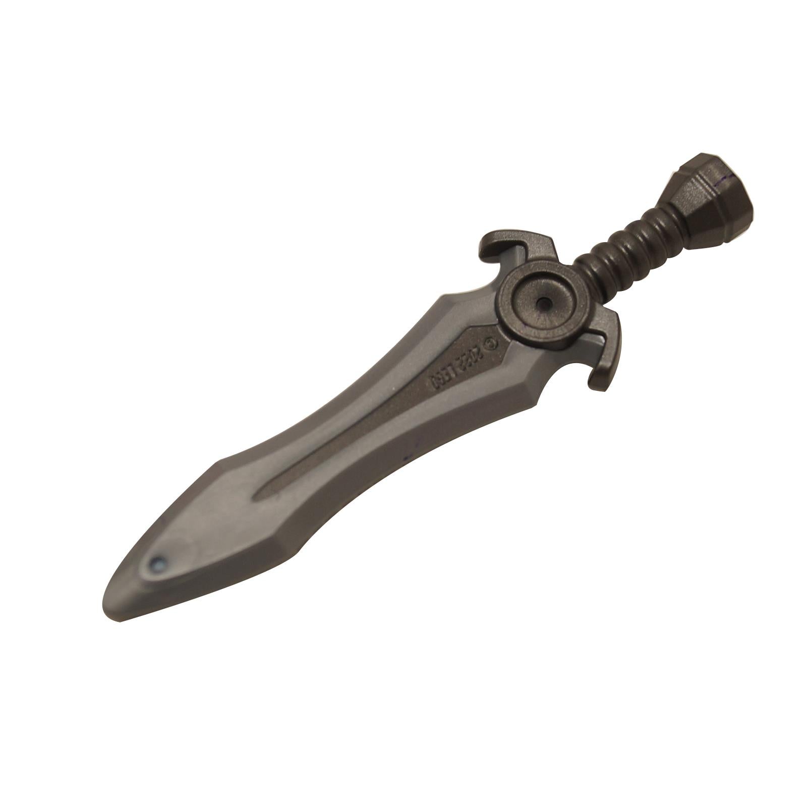 LEGO® minifigure sword weapon with stud connector and flat silver blade pattern, angled view on white background
