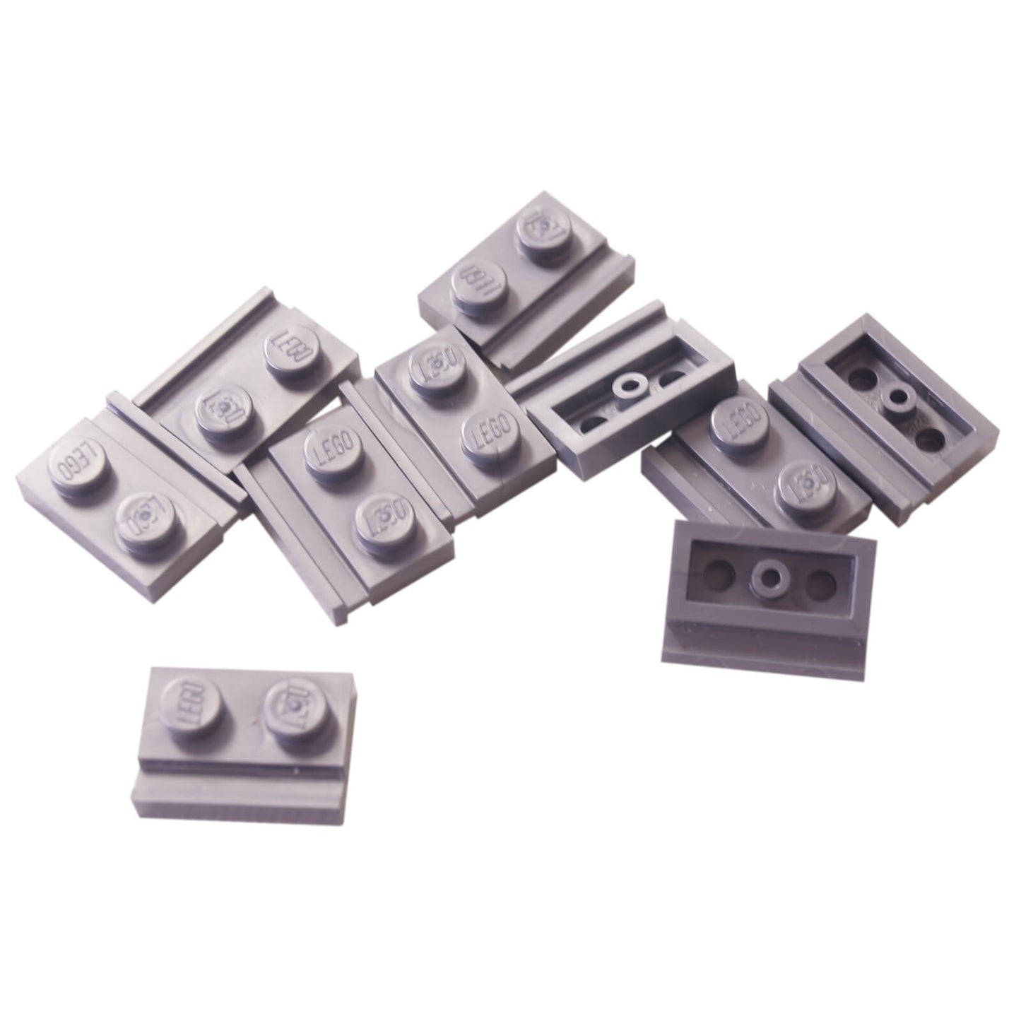 Flat silver modified Plate 1 x 2 with door rail for sliding doors, track guides, and compact wall builds

