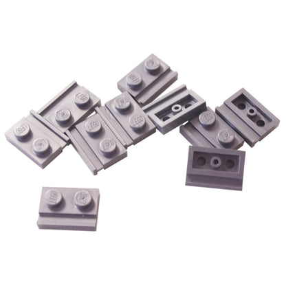 Flat silver modified Plate 1 x 2 with door rail for sliding doors, track guides, and compact wall builds

