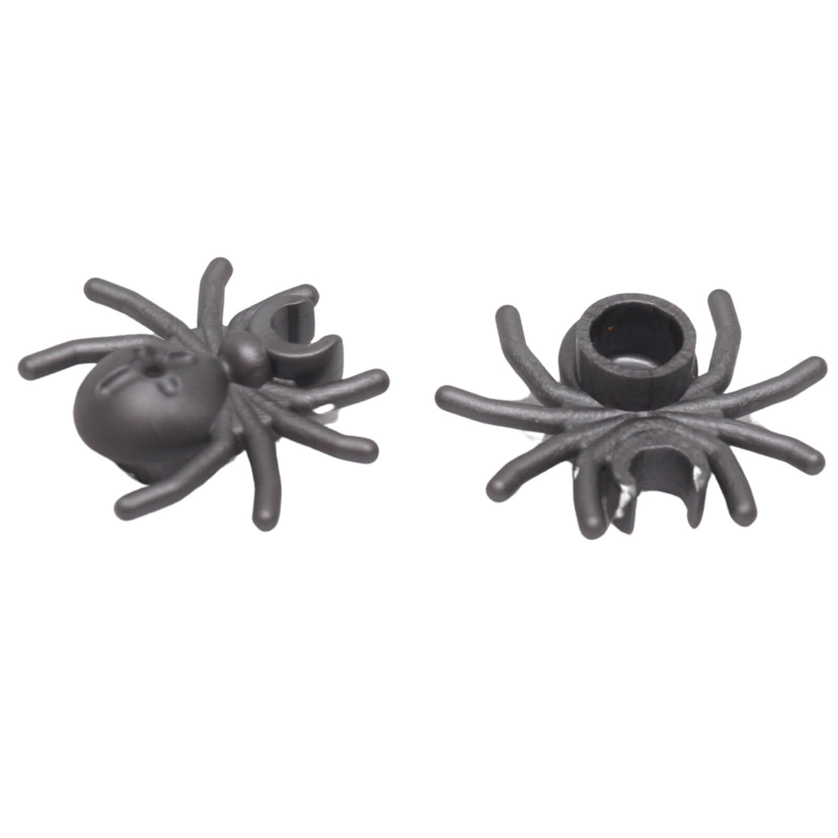 Flat silver LEGO® spider part 30238 shown from two angles with eight legs, rounded abdomen and integrated clip connection