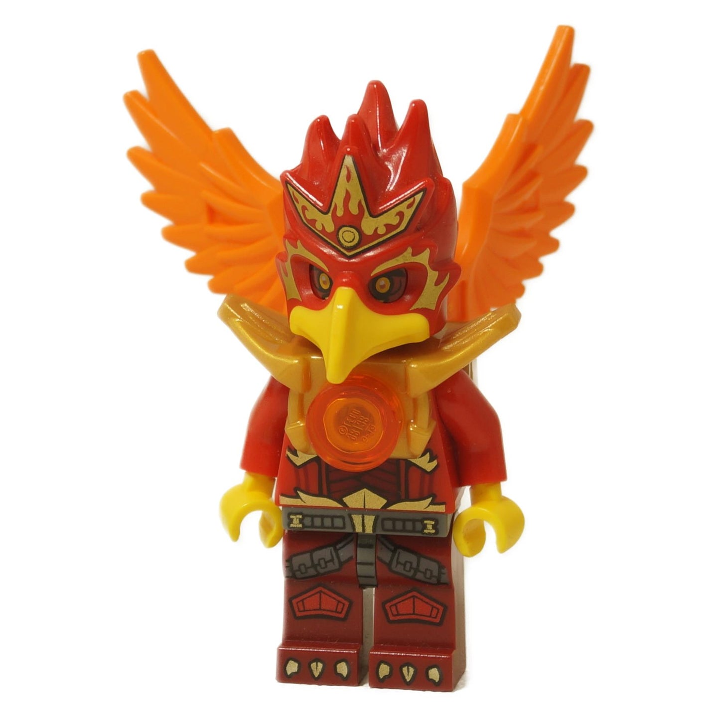 LEGO Legends of Chima Fluminox minifigura (loc104), Rei da Tribo Phoenix, com asas laranja, armadura dourada e um capacete de phoenix vermelho e dourado.