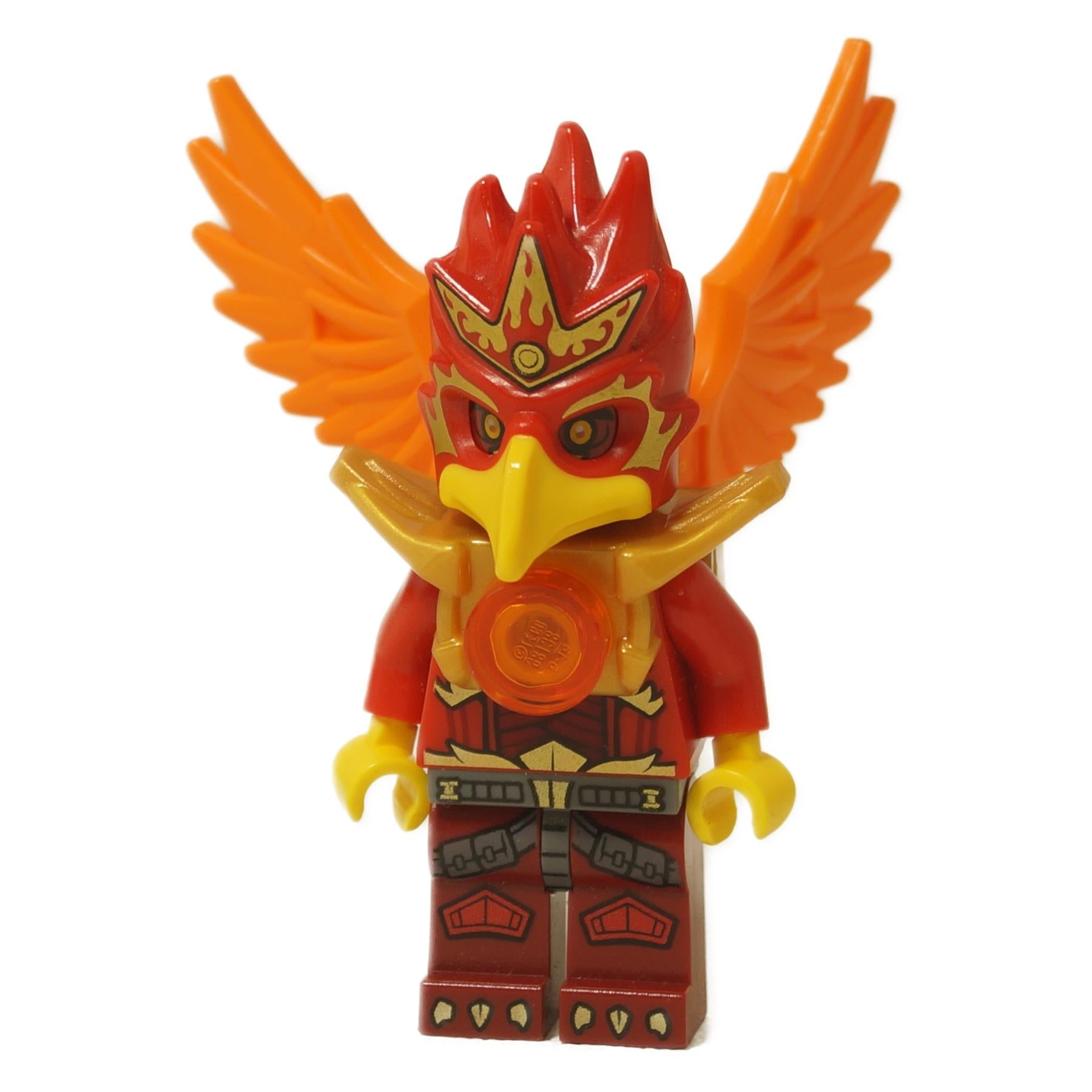 LEGO Legends of Chima Fluminox minifigura (loc104), Rei da Tribo Phoenix, com asas laranja, armadura dourada e um capacete de phoenix vermelho e dourado.