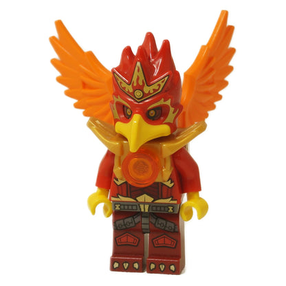 LEGO Legends of Chima Fluminox minifigura (loc104), Rei da Tribo Phoenix, com asas laranja, armadura dourada e um capacete de phoenix vermelho e dourado.