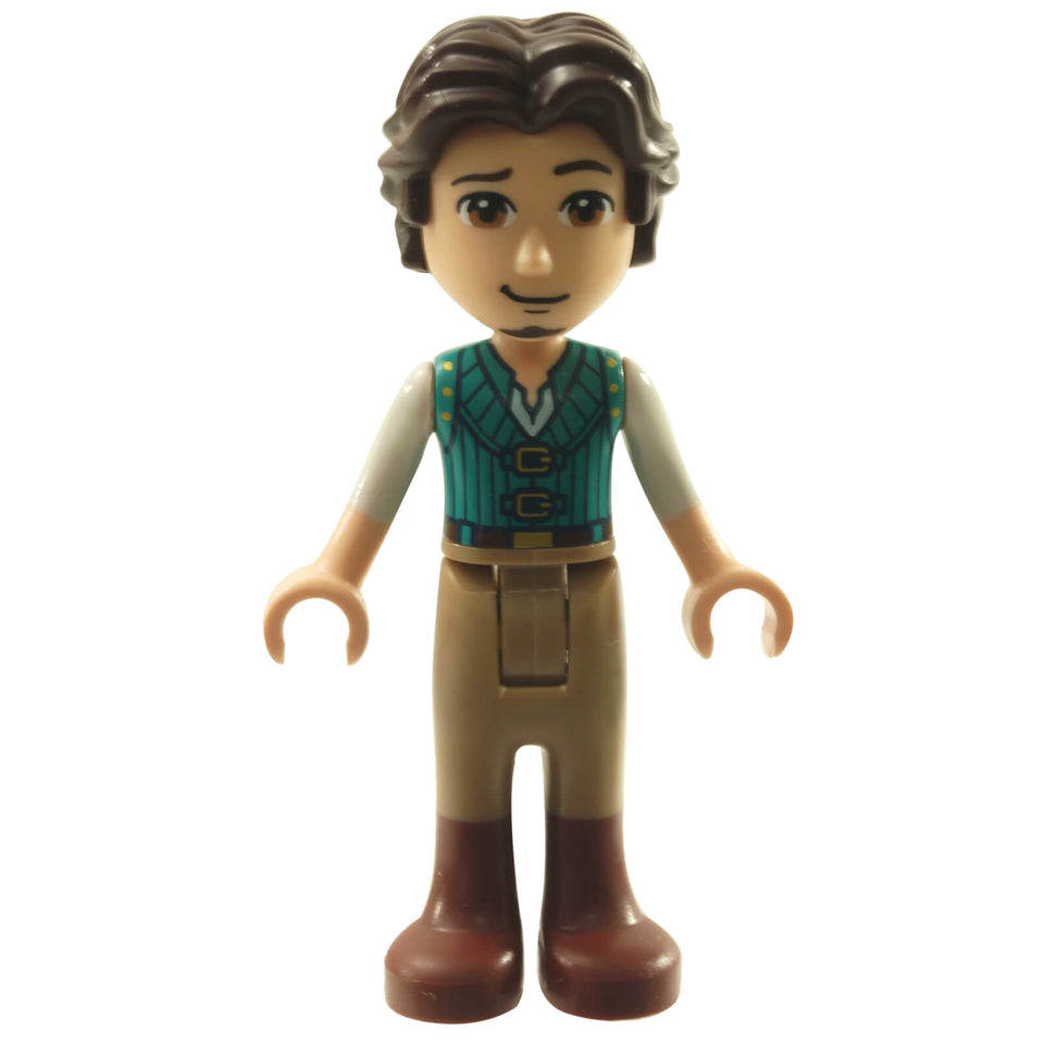 LEGO® Flynn Rider mini-doll dp104 wearing a dark turquoise vest, front view