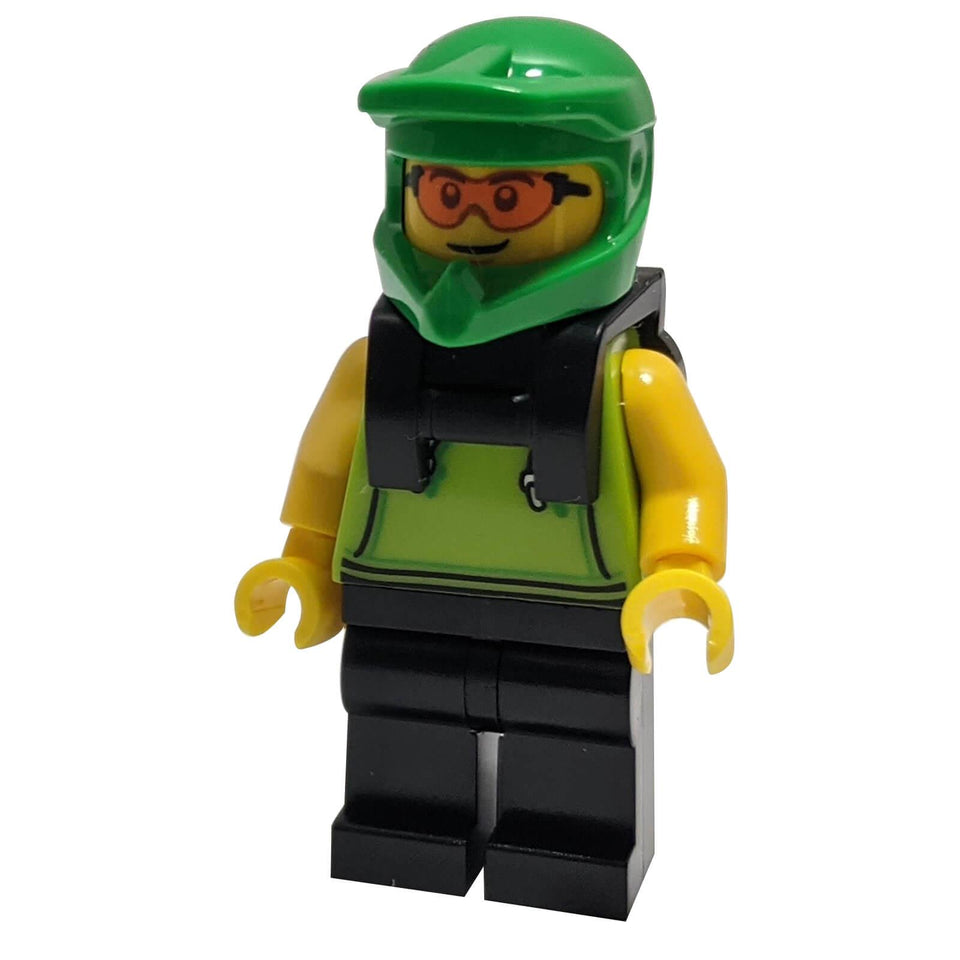 LEGO® Food Delivery Cyclist minifigure cty1508 with lime hoodie, black legs, bright green helmet, orange safety glasses and black neck bracket