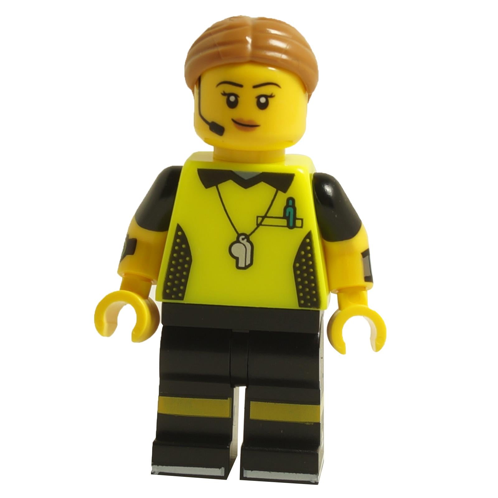 LEGO® Football Referee minifigure Series 24 col411 with yellow referee shirt, whistle necklace, headset, and smiling expression
