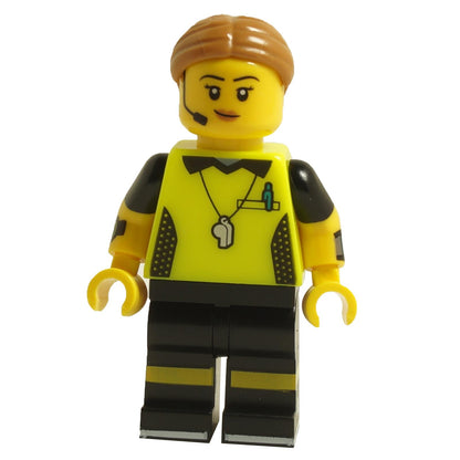 LEGO® Football Referee minifigure Series 24 col411 with yellow referee shirt, whistle necklace, headset, and smiling expression
