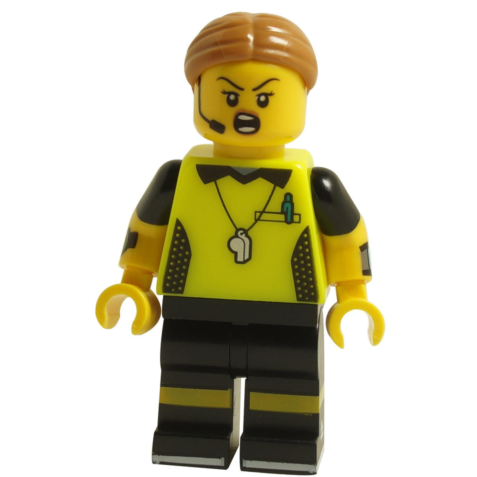 LEGO® Football Referee minifigure Series 24 col411 with yellow referee shirt, whistle necklace, headset, and angry expression
