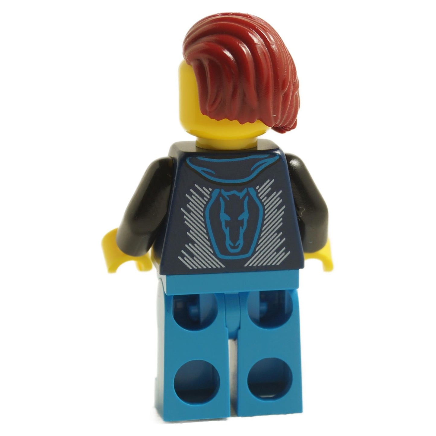Back view of LEGO Ford Mustang Dark Horse driver minifigure sc114 with red hair and dark blue hoodie