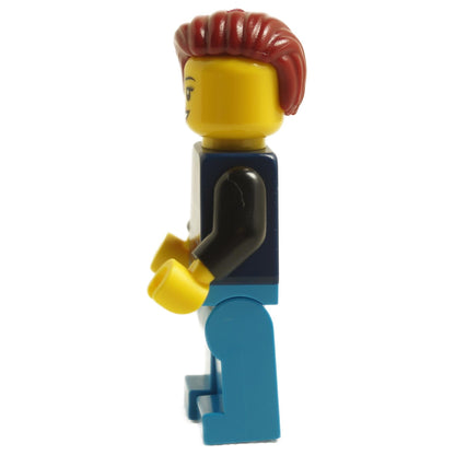 Side view of LEGO Ford Mustang Dark Horse driver minifigure sc114 with red hair and dark blue hoodie