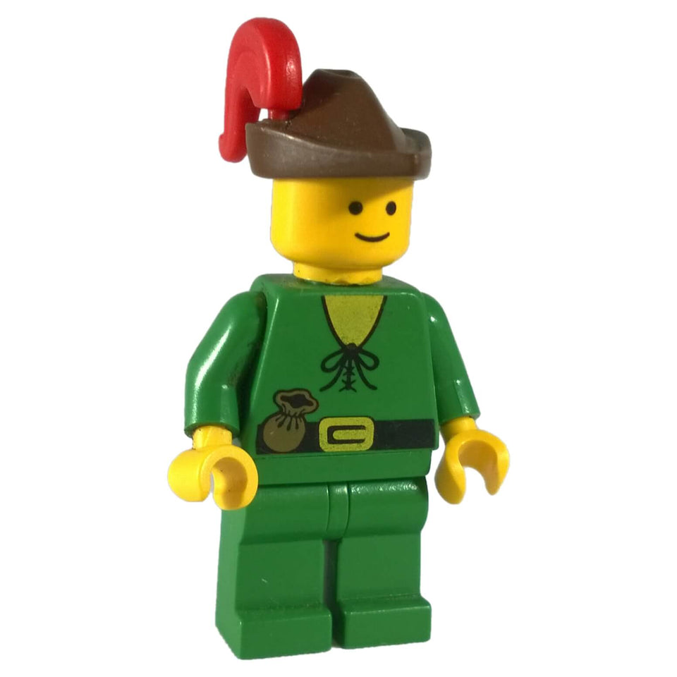 LEGO Forestman minifigure cas128 with brown hat red feather and green tunic