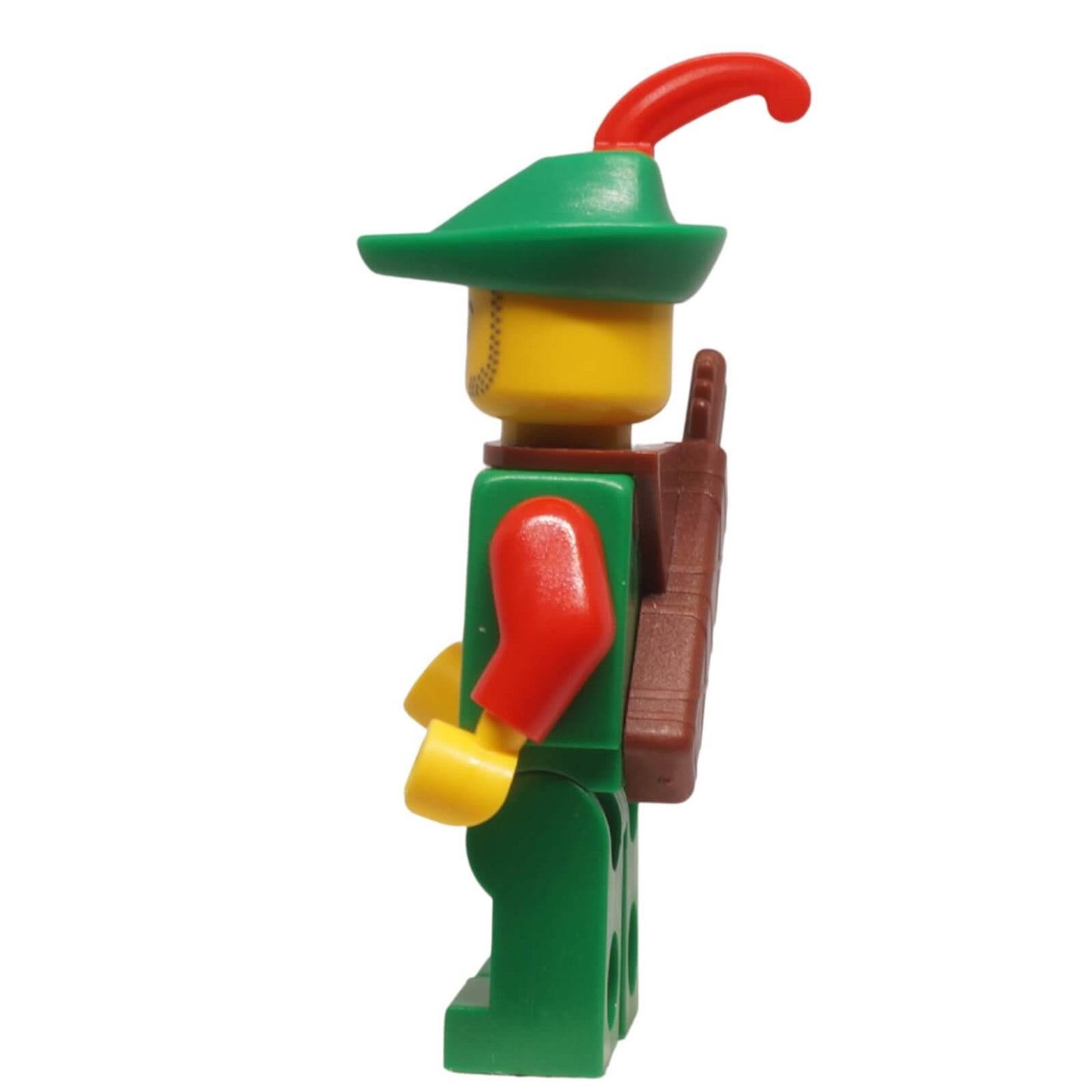 LEGO Forestman minifigure bdp177 from Forest Stronghold with green tunic quiver and feathered hat, side